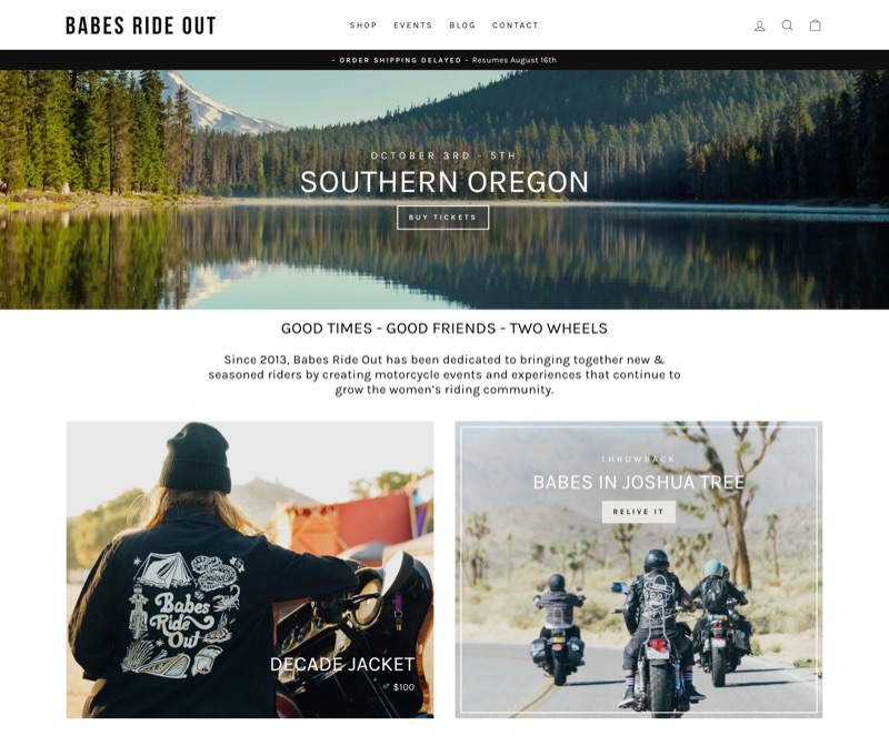 Babes Ride Out Shopify store homepage