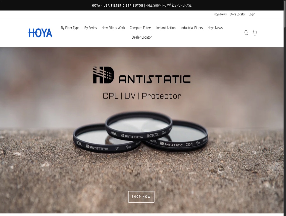 Hoya Filter USA Shopify store homepage
