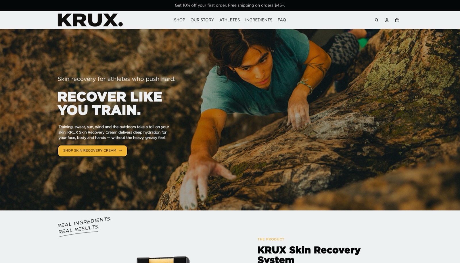 KRUX Shopify store homepage: 'Recover like you train' hero with a climber on a rock face